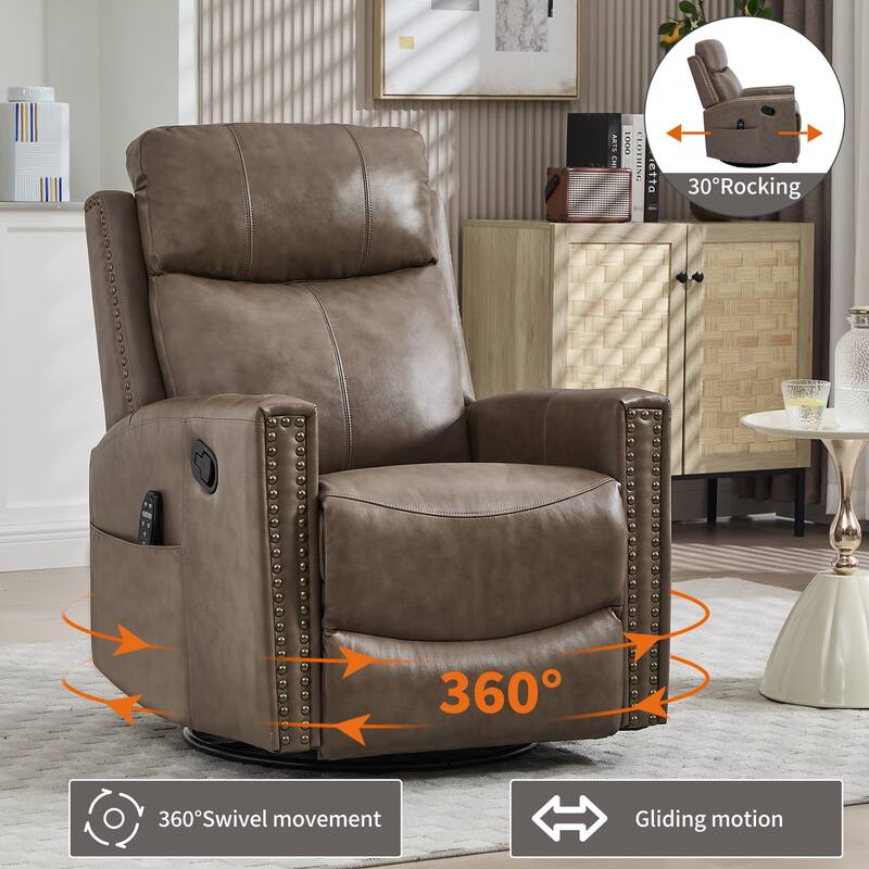 Roomfitters Genuine Leather Swivel Rocker Recliner, Manual Massage Glider with Heat and Top Grain Cowhide, Living Room