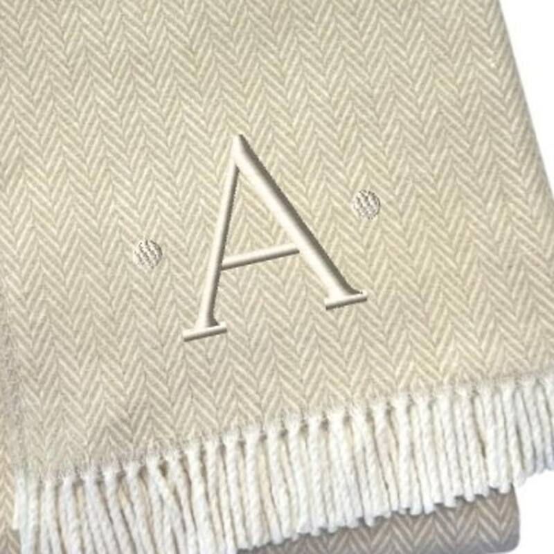 HomeRoots 55" X 70" Linen And White Herringbone Cotton Blend A Initial Throw Blanket with Tassels And Embroidery