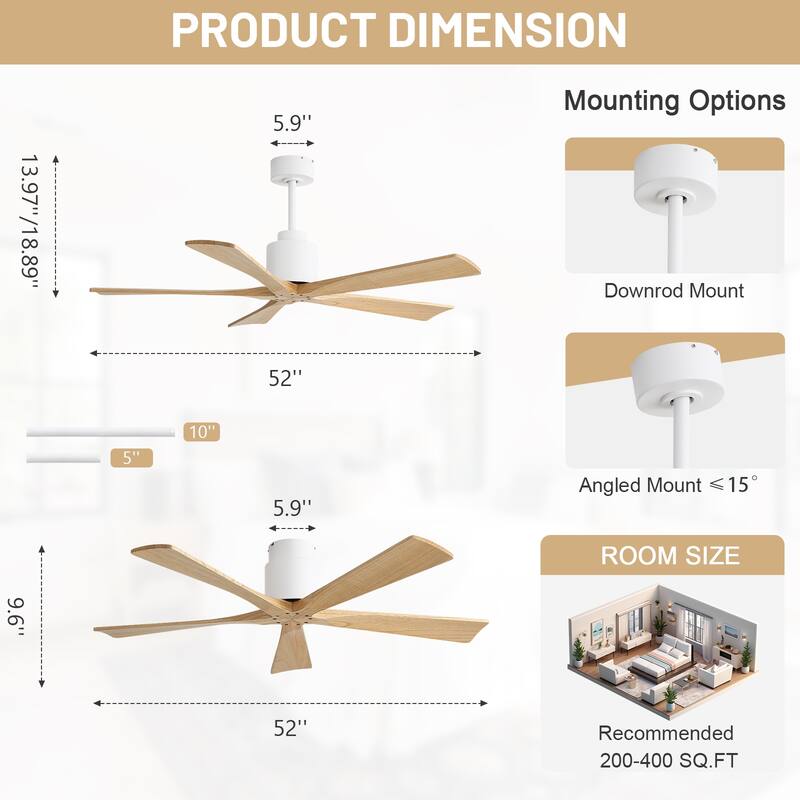 Sofucor 60 Inch Solid Wood Ceiling Fan with Light and Remote, Reverse Functions, Integrated Light Optional