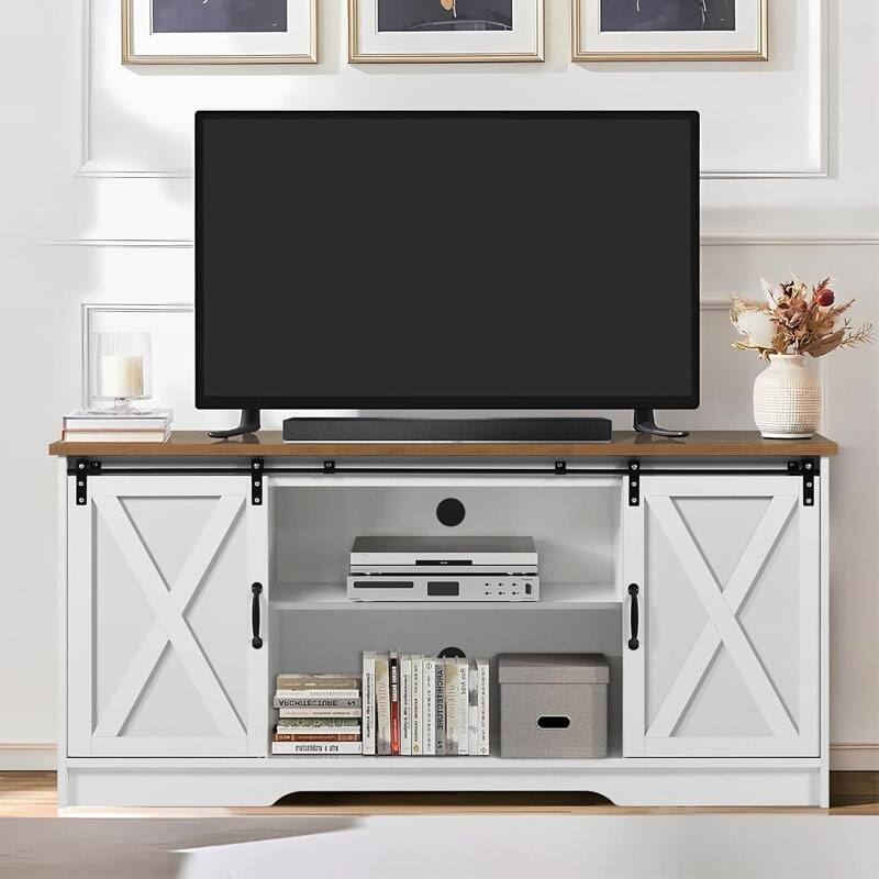 Modern Farmhouse Wood TV Stand for TVs up to 58 inches, with Sliding Barn Doors, 3 Adjustable Shelves - Antique Brown+White