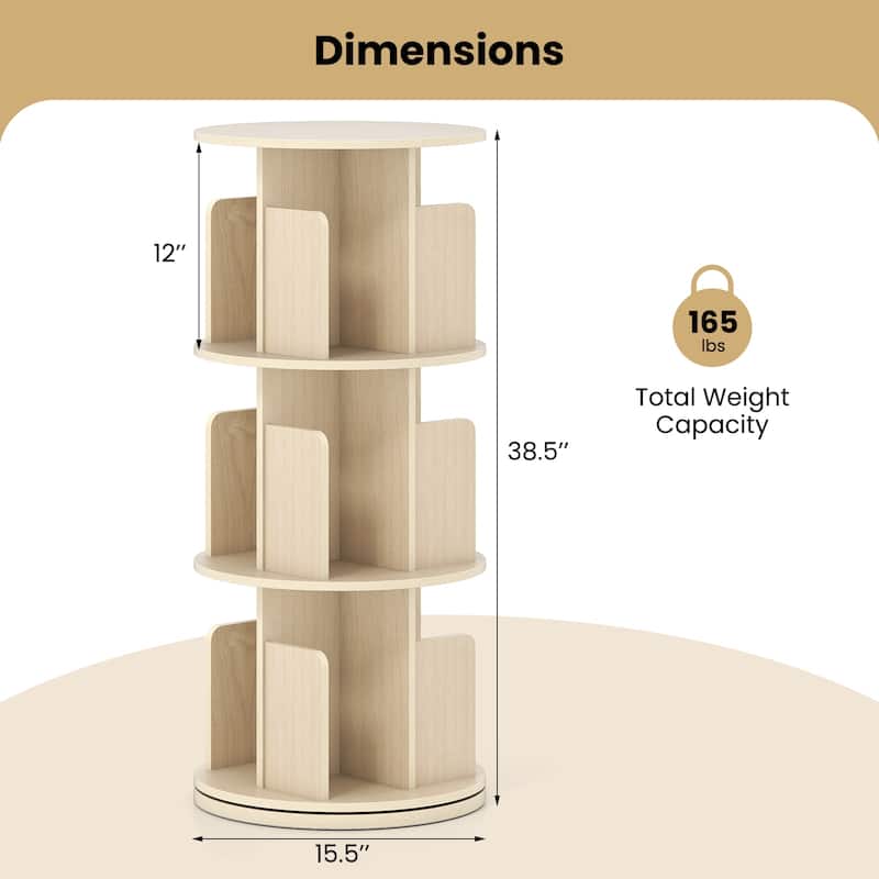 Space-Saving 3-Tier Rotating Bookshelf Storage Rack Tower with Divided Shelves Ideal for Photos or Decor - 15.5" x 15.5" x 38.5"
