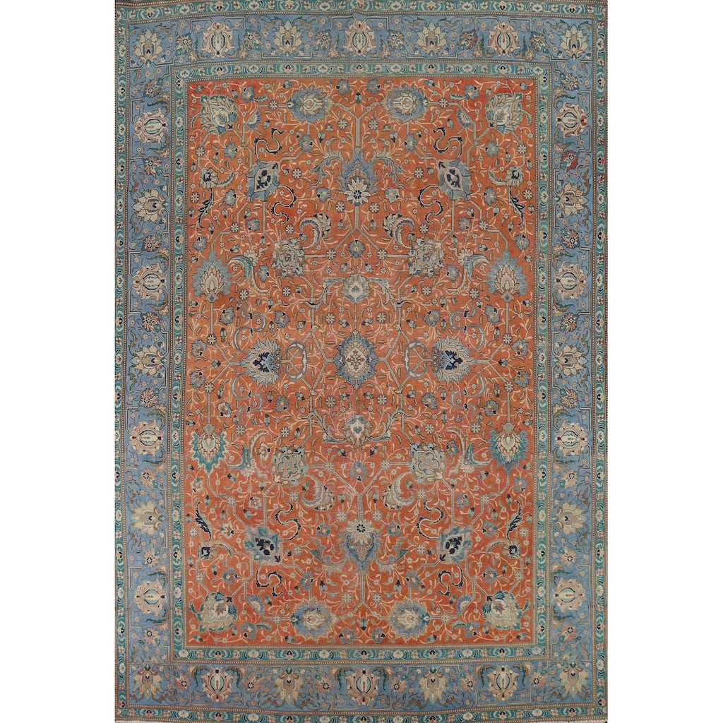 Floral Orange Tabriz Persian Vintage Area Rug Handmade Wool Carpet - 9'9" x 13'0"