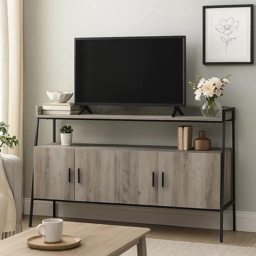TV Stand with 2 Double Door Cabinet and Tubular Frame, Oak Gray