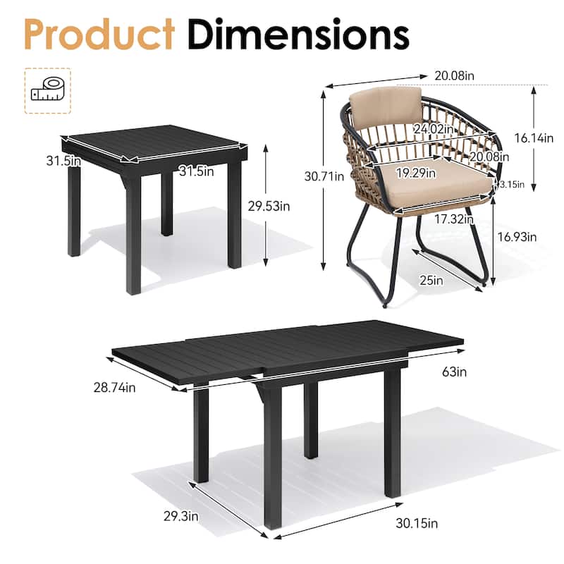 5/7/11PC Outdoor Patio Extendable Table Dining Sets with Rattan Chairs