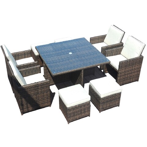 Adella 9-Piece Outdoor Wicker Conversation Set Patio Furniture Dining Set Garden Rattan Sofa Chair Lounge Set - Brown