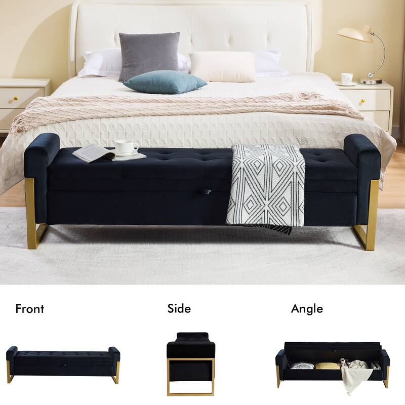 66" Storage Bench for Bedroom End of Bed with Double Lids and Gold Legs