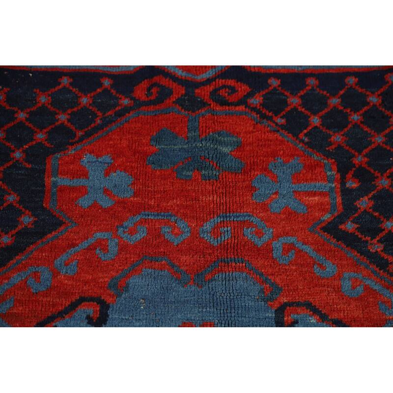 Orange & Blue Kazak Vegetable Dye Vintage Rug Hand-Knotted Wool Carpet - 5'4" x 8'1"