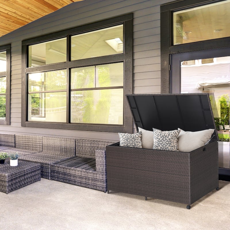 Large Mix Brown Deck Storage Box with Steel Frame and Wheels and Protective Liner