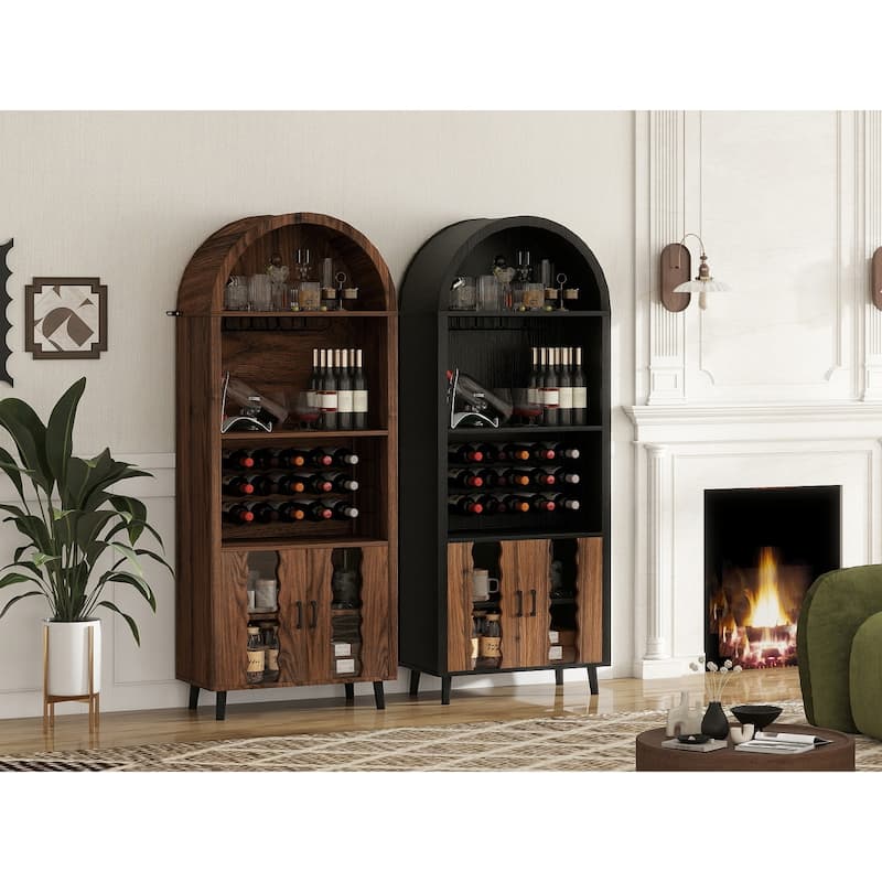 71"Farmhouse Arched Wine Bar Cabinet, Arch Cabinets &Coffee Bar, Whiskey Station With Wine Rack And Wine Glass Holder