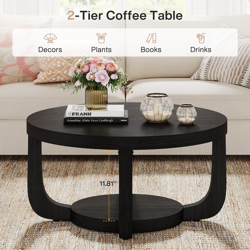 2-Tier Round Coffee Table, Wooden Accent Center Table for Living Room, Brown - Large