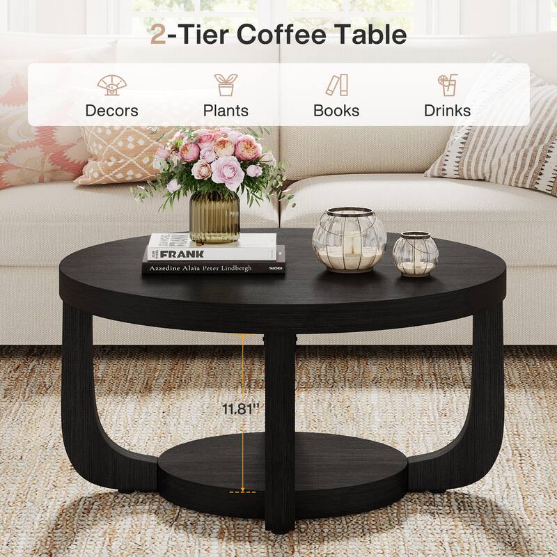 2-Tier Round Coffee Table with Thick Top & Base - Large