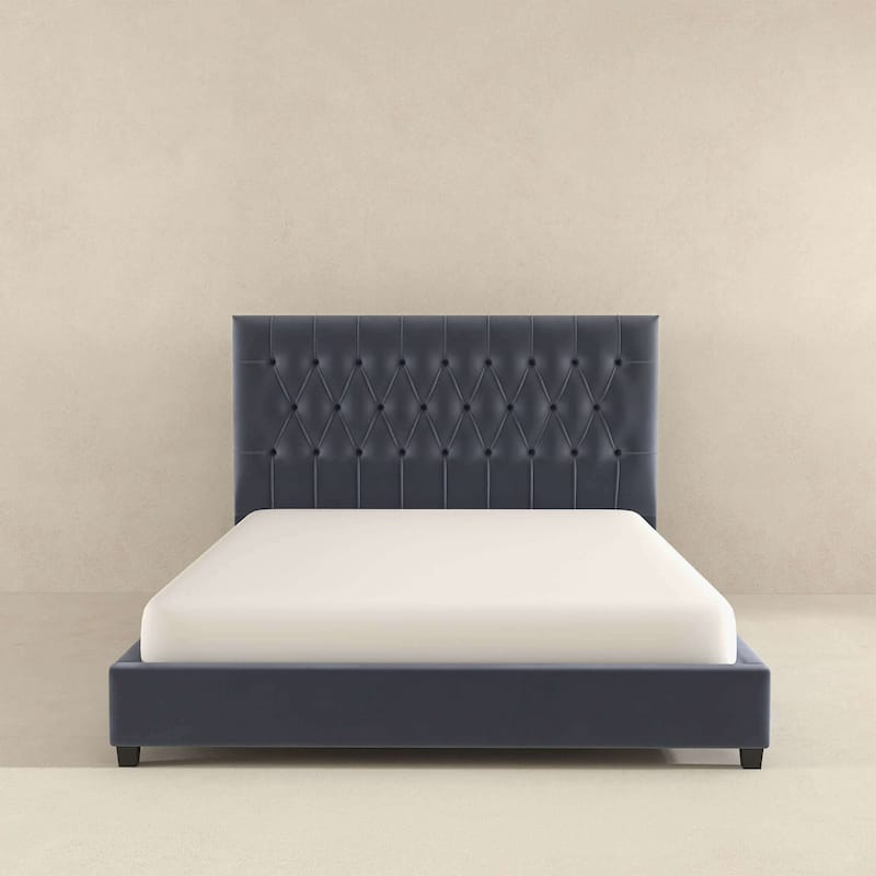 Donald Velvet Upholstered Platform Bed with Tufted Headboard, Solid Wood Legs, No Box Spring Required