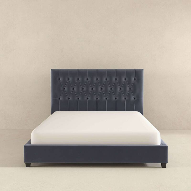 Modern Grey Velvet Platform Bed with Tufted Headboard, King Size