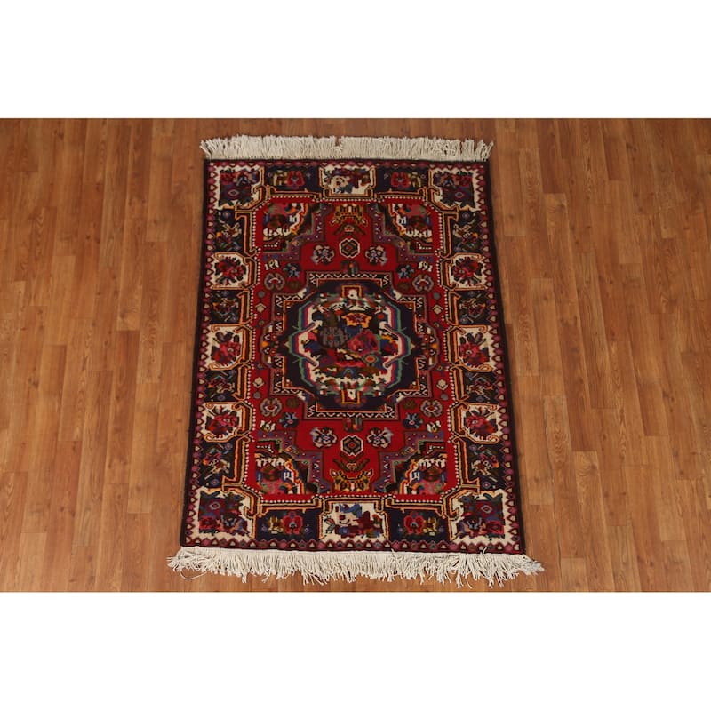 Hand Knotted Oriental 100% Wool Carpet Traditional Medallion Red Bakhtiari Area Rug - 4' 10'' X 3' 8''