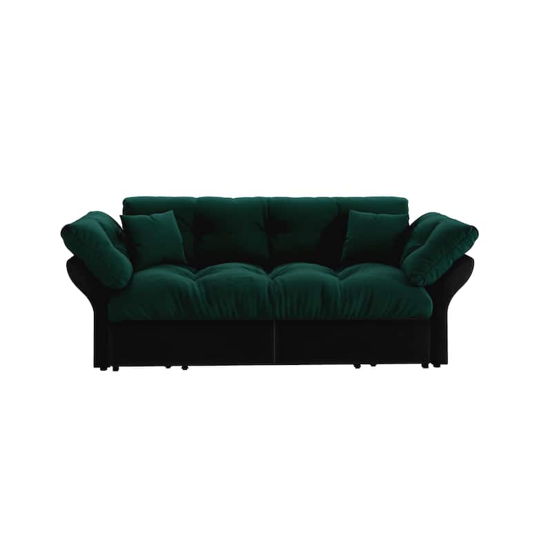Queen Pull Out Sofa Bed, 3-in-1 Convertible Sleeper Tufted Sofa with 2 Soft Pillows, Velvet Loveseat Bed