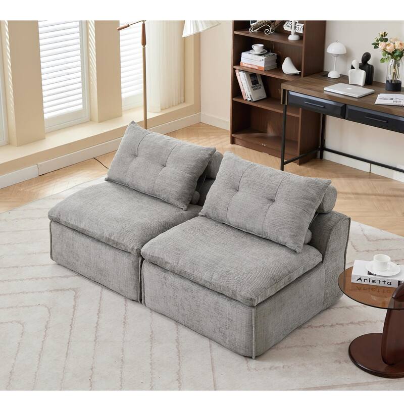 Armless Modular Upholstered Sofa with Lumbar Pillow, Compact Chenille Fabric Sofa Chair for Apartment Small Spaces