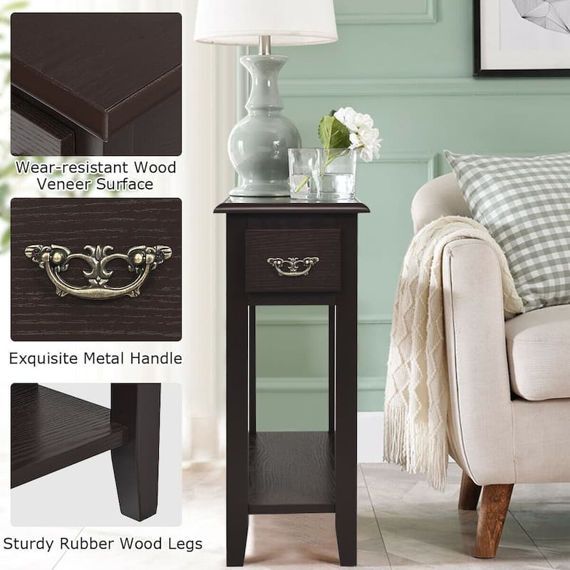 Space-Saving 2 Tier End Table with Drawer and Shelf for Living Room