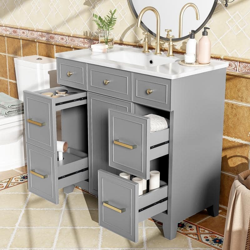 36" Wood Vanity with Ceramic Sink, Soft-Close Doors, Shelves, and Deep Drawers for Storage.
