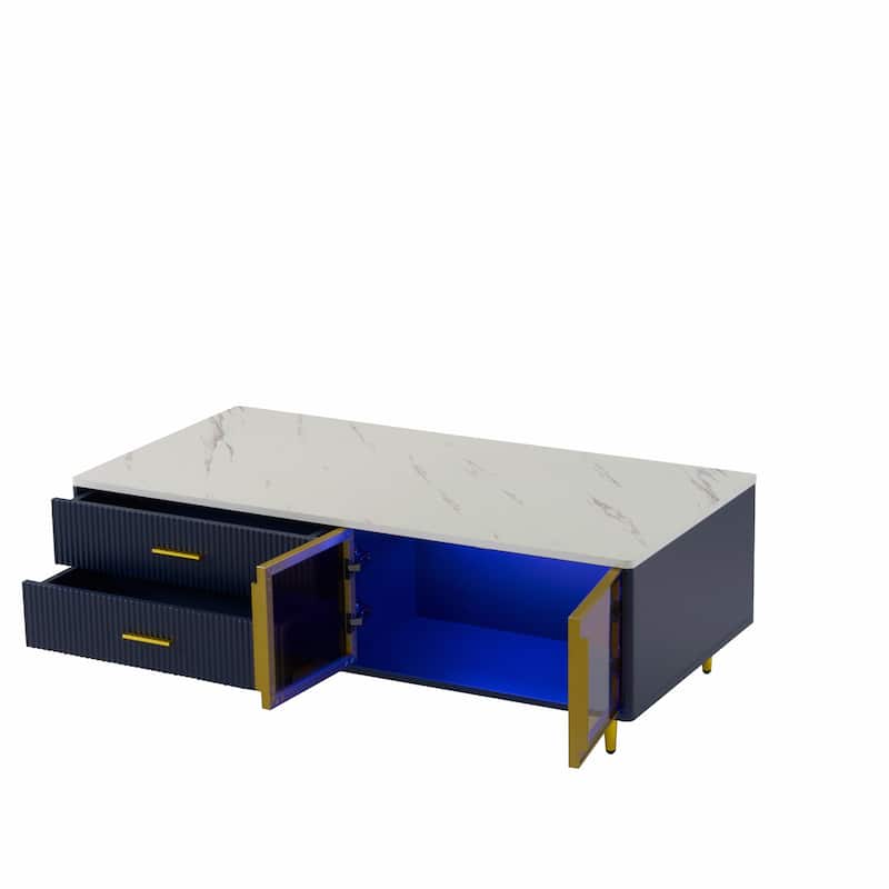 47.2'' Modern White Coffee Table with Glass Door Storage, 4 Drawers and Multi-Color Lighting