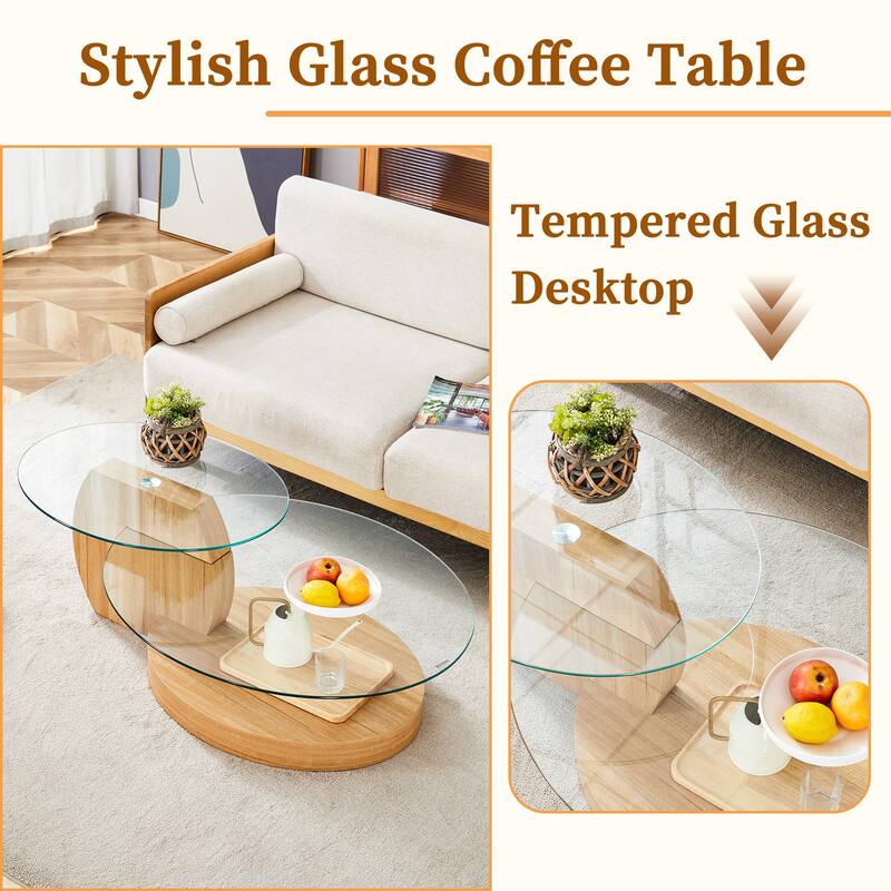 Roomfitters Double Layer Coffee Table with White Marble and Wood Grain Finish, Artistic Modern Design
