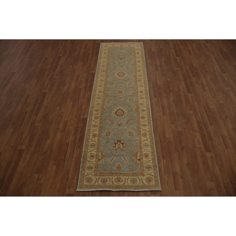 Hand Knotted Oriental 100% Wool Carpet Traditional Floral Greys & Charcoal Peshawar Runner Rug - 9' 8'' X 2' 9''