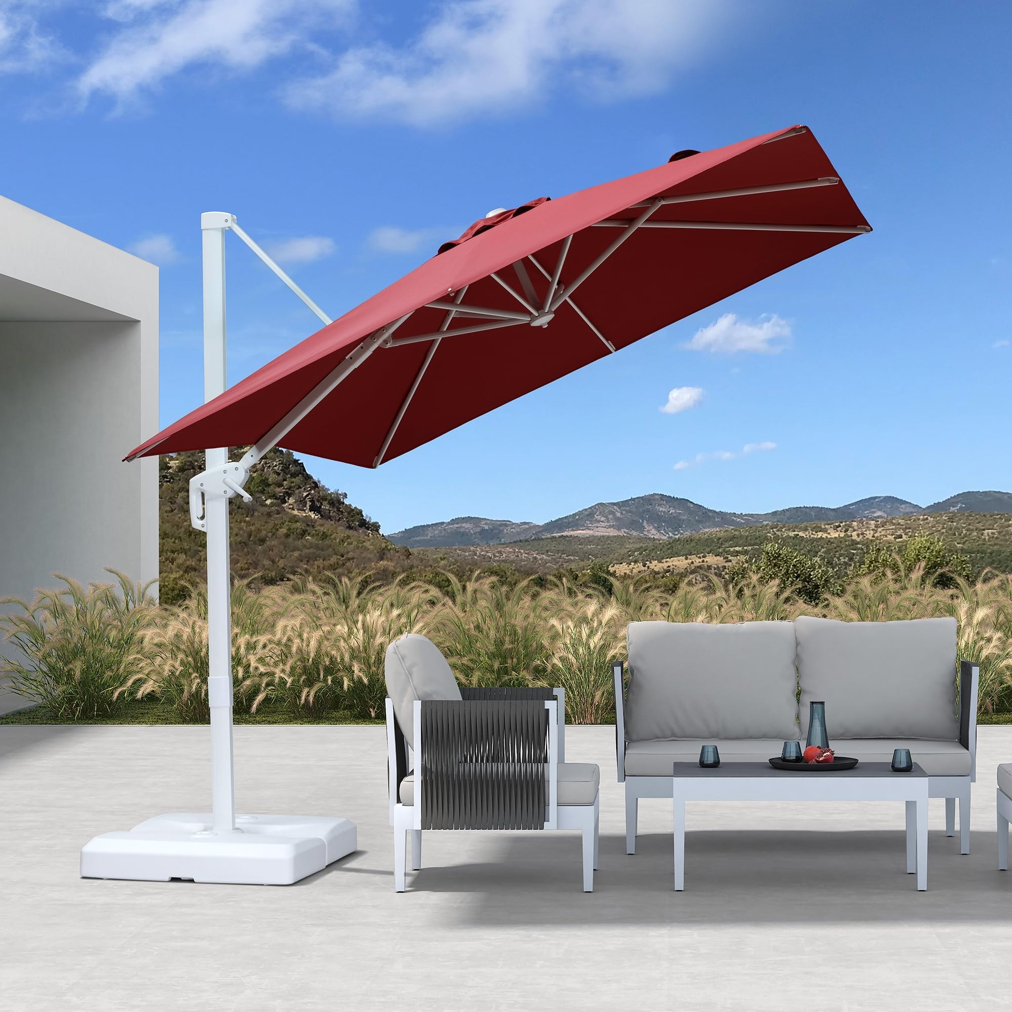 8 ft square aluminum cantilever offset patio umbrella in chili PURPLE LEAF 8' x 8' Excellent 240 GSM UV Protection Beige Experience the perfect blend of modern design and practical shade with our 8’ x 8’ Offset Rectangular Patio Umbrella JUSTLET 8 x 8 ft