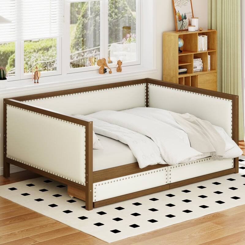 Full Size Upholstered Daybed with 2 Drawers or Trundle,Daybed Frame with Nailhead Decoration