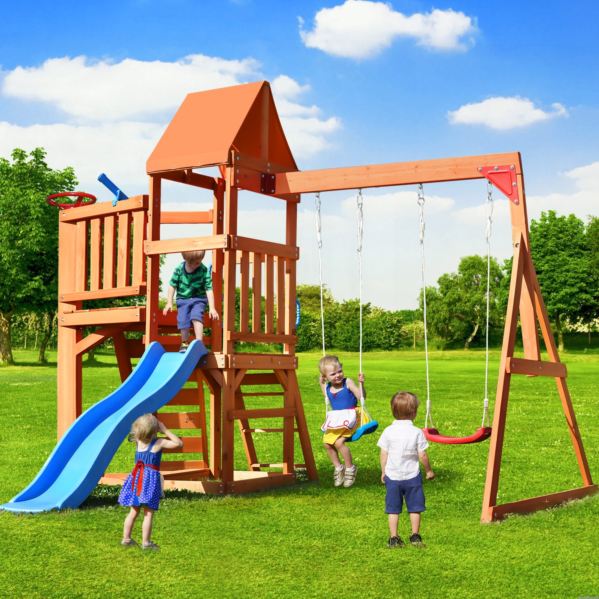 Wooden Swing Set Outdoor Playhouse Backyard Activity Playground