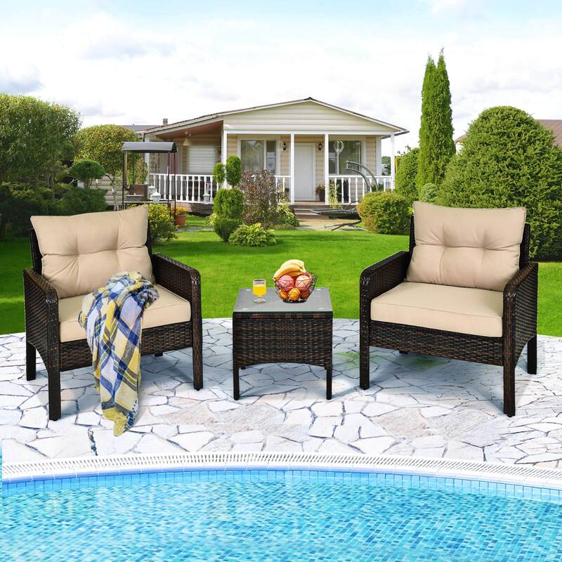 Costway 3 PCS Patio PE Wicker Furniture Set with Cushions and Tempered - See Details - Brown