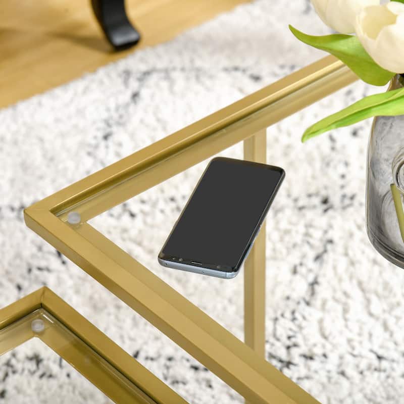 Gold-Clear Tempered Glass and Metal 2 Tier Coffee Table with Adjustable Feet - 37.75" W x 19.25" D x 18" H