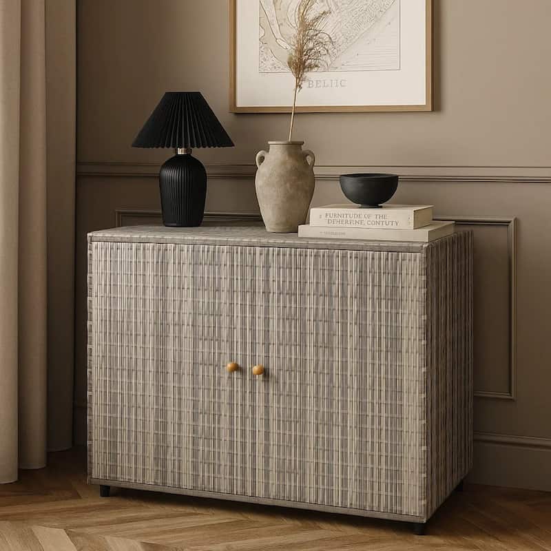 39 Inch Garden Storage Cabinet, 2 Doors, Gray Poly Rattan Body