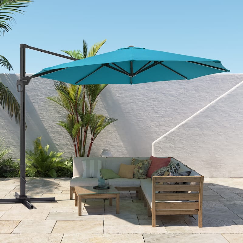 BONOSUKI 11FT LED Cantilever Patio Umbrella 360 Rotation w/Cross Base - Lake Blue