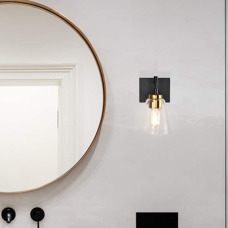 Black and Antique Brass 1-Light Indoor Wall Sconce with Clear Cone Glass Shade