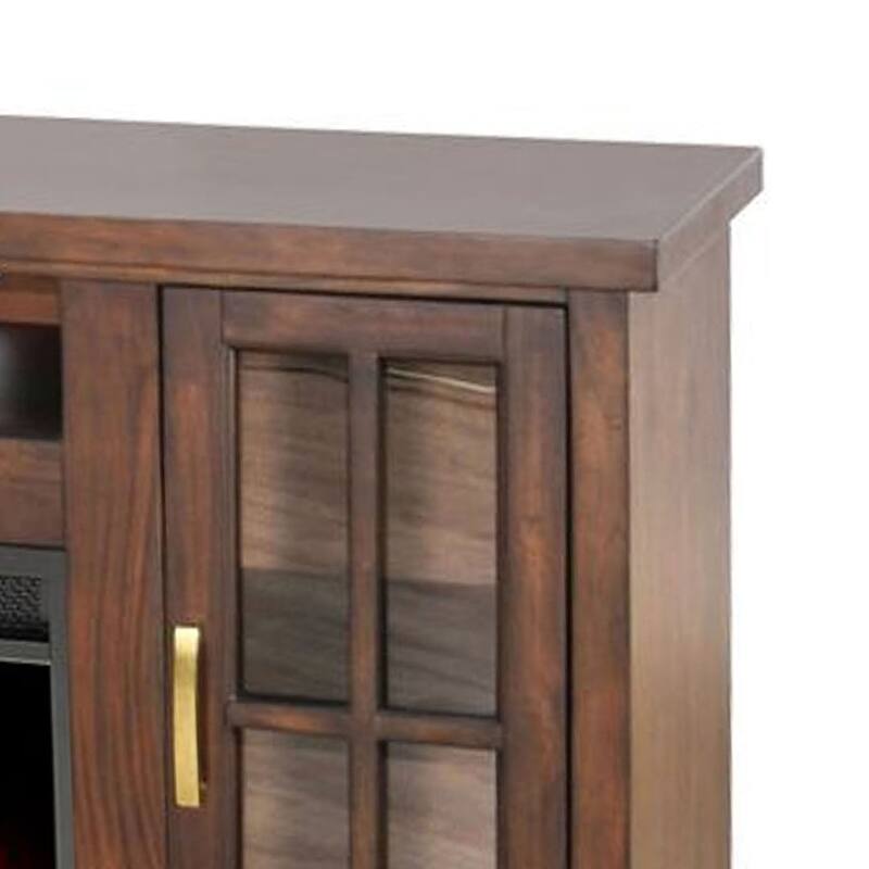 Gery TV Media Console w Crystal Fireplace, 76 Inch, 2 Cabinets, Brown