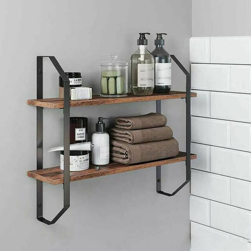Wall Mounted Wood Shelf 2 Tier Rustic Rack for Bedroom Decor - 23.6” x 5.9” x 20.3” - Black-Natural