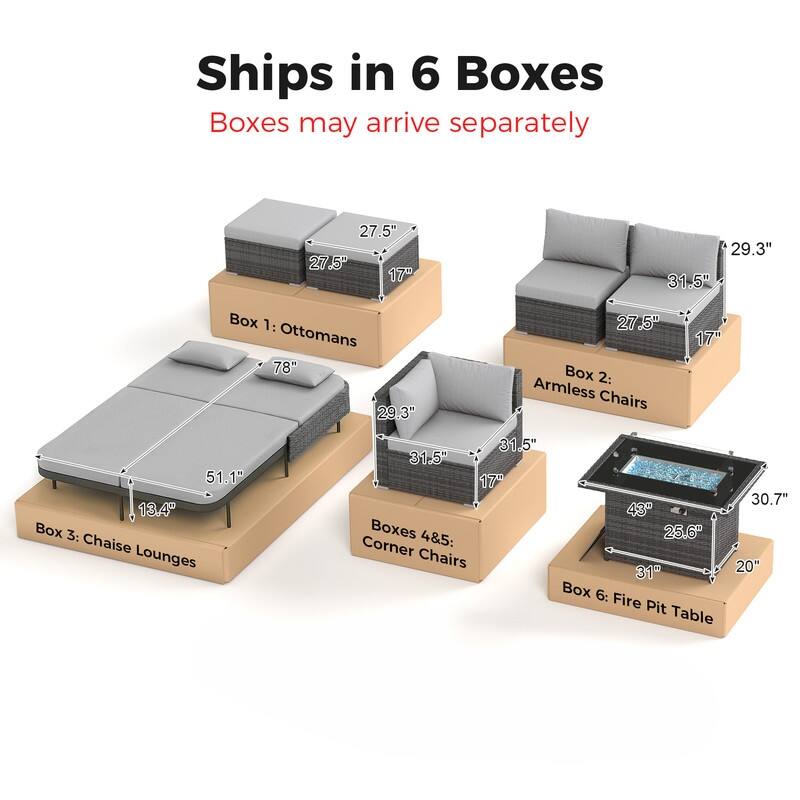 Outdoor Sectional Conversation Set PE Wicker with Double Chaise Lounge, 60,000 BTU Fire Pit Table