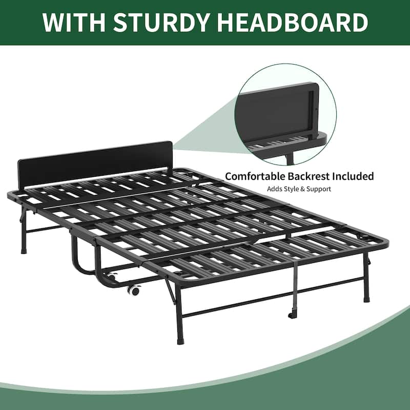 75" Wide Folding Bed with Adjustable Headboard, Extra Long Rollaway Bed, 5" Memory Foam Mattress, Heavy-Duty Guest Bed