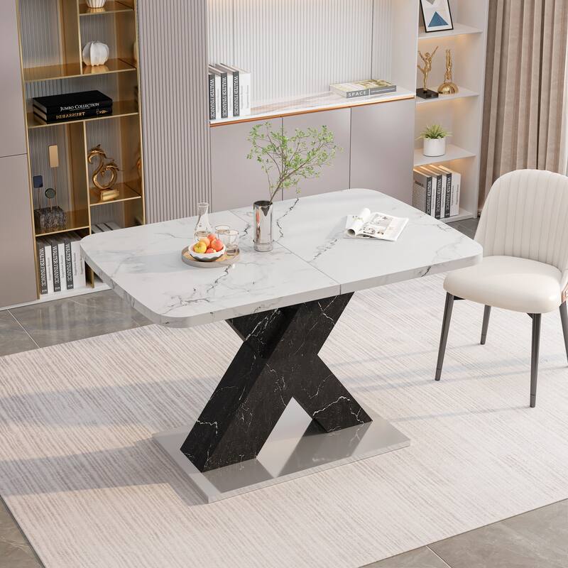 Modern Square Dining Table, Stretchable, with X-Shape Table Leg with Metal Base