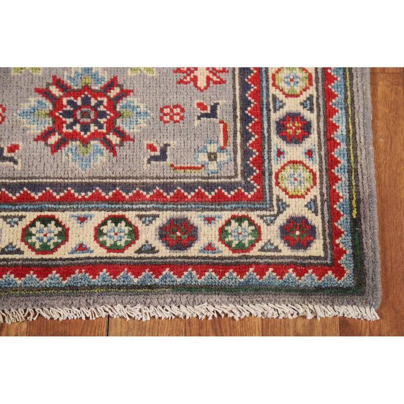Geometric Kazak Oriental Accent Rug Grey Hand-Knotted Wool Carpet - 2'0" x 3'0"