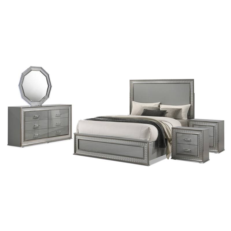 Furniture of America Isabella Glam 5-Piece Metallic Grey Gloss Queen Platform Bedroom Set