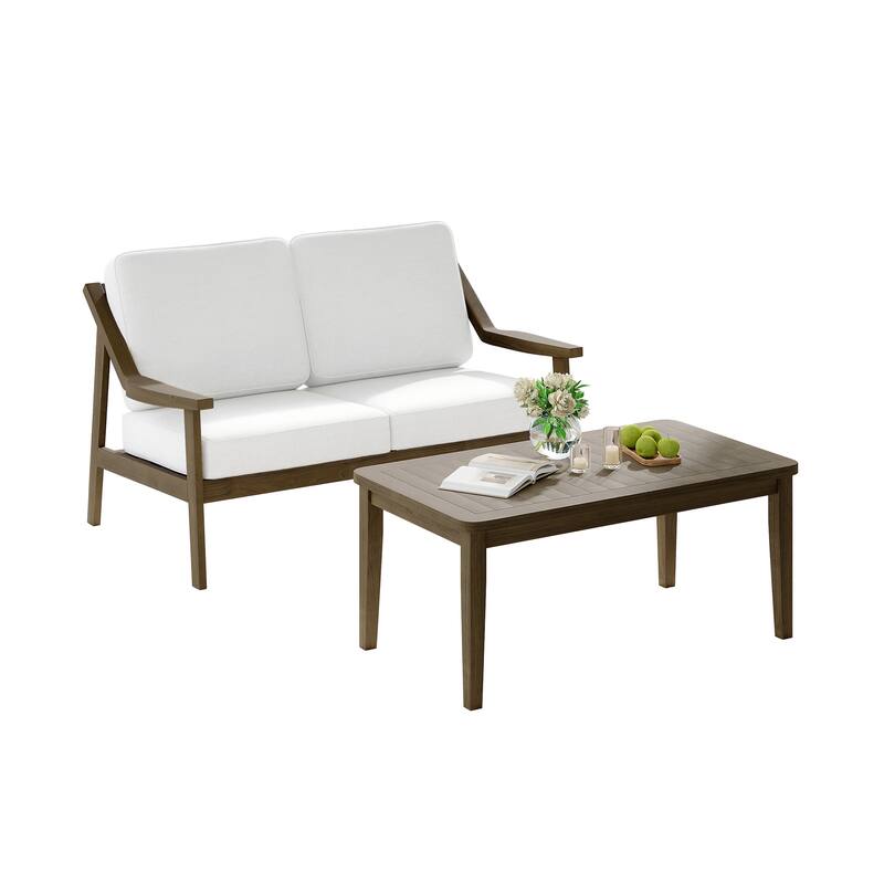 2-piece Brown/ Black Teak Cushioned Patio Loveseat Set with Coffee Table