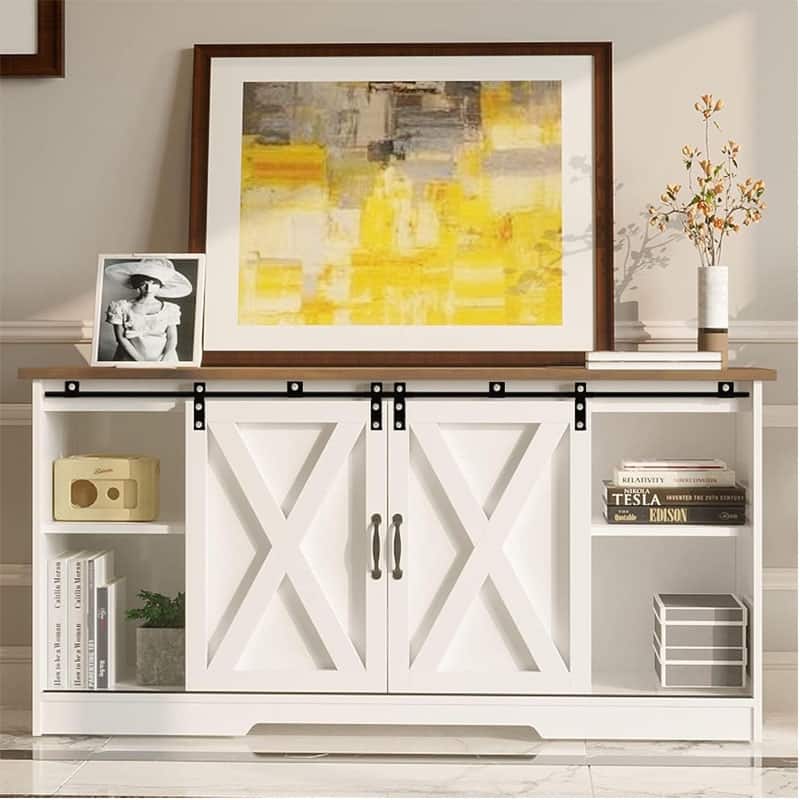 Modern Farmhouse Wood TV Stand for TVs up to 58 inches, with Sliding Barn Doors, 3 Adjustable Shelves