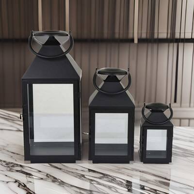 Davi Set of 3 Decorative Lanterns, Curved Handles, Glass Panel, Black Metal