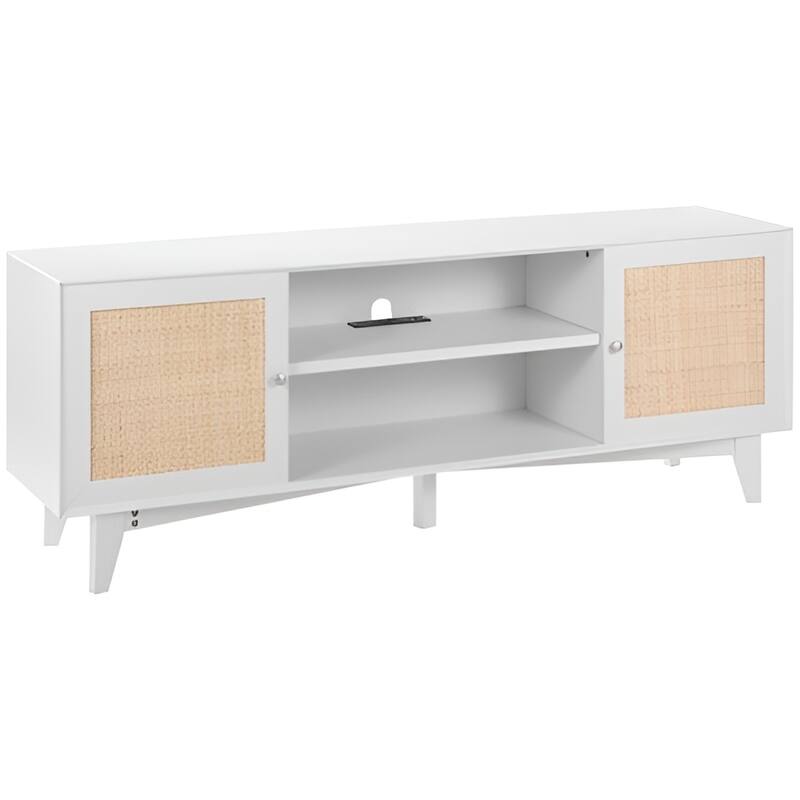 Rattan TV Stand for 75 Inch TV Mid Century Modern Cabinet with Storage - 17.4x17.4x13.8in - White