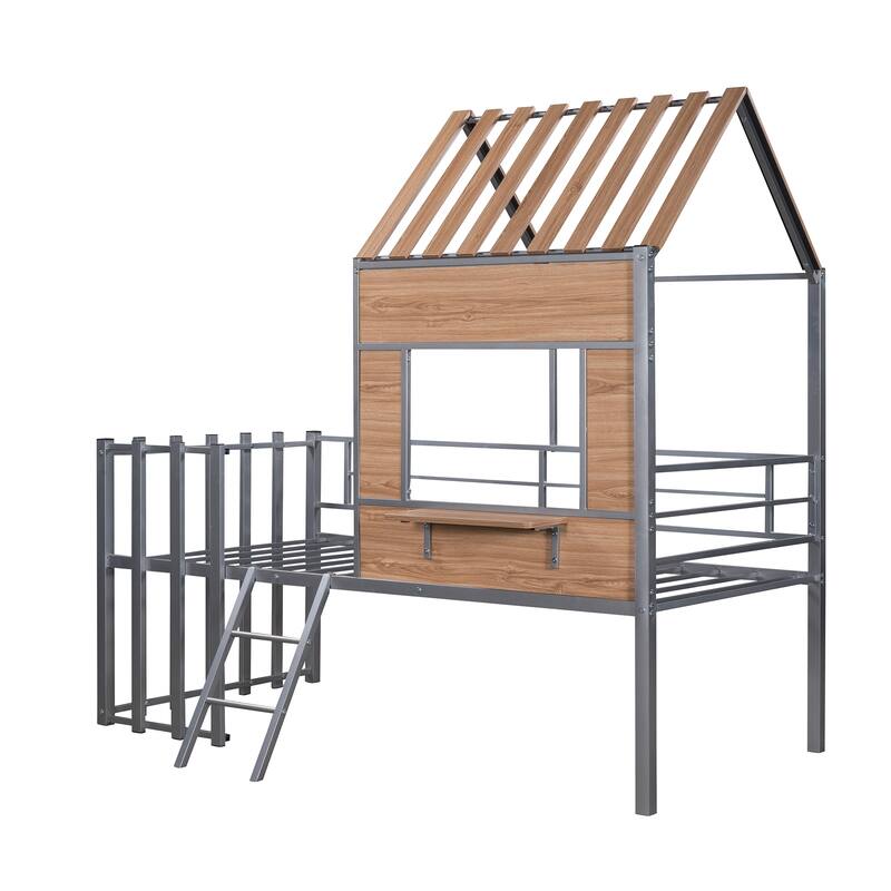 House-shaped Twin Loft Bed with Roof, Window, Guardrail, Ladder - Silver