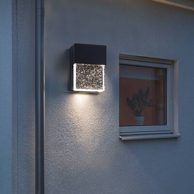 Black Modern/Contemporary LED Integrated Outdoor Wall Light Lantern Sconce with Seeded Crystal - 5.98"H