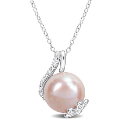 Miadora 12-12.5mm Rice-Shaped Pink Cultured Freshwater Pearl 1/10ct TDW Diamond Open Leaf Pendant with Chain in Sterling Silver