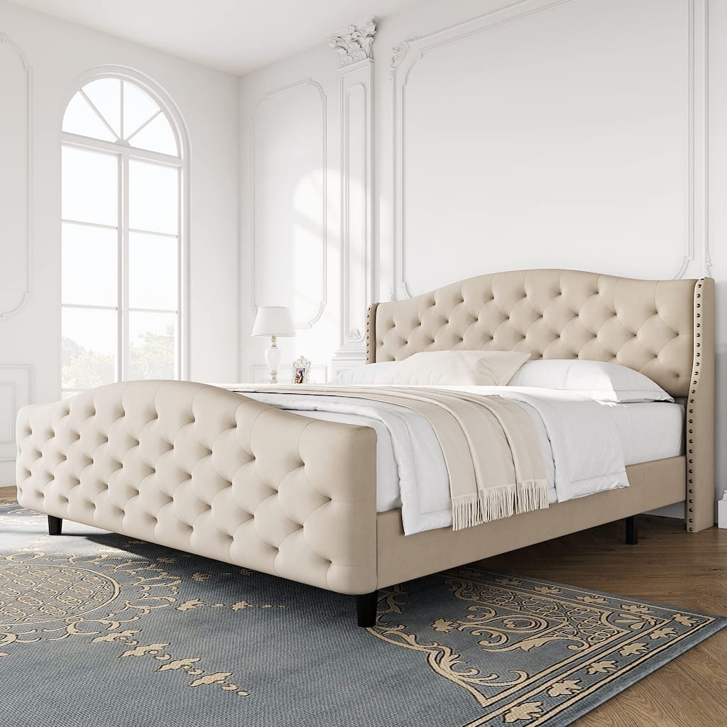Elam Tufted Upholstered Platform Bed Frame with Off-white Headboard and Footboard