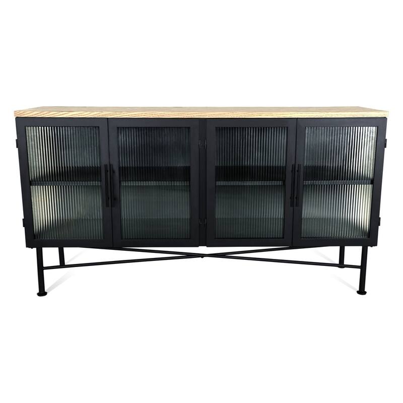 Aere Four Door Ribbed Glass, Metal and Wood Sideboard in Natural Ash and Black - 36" x 66" x 18"