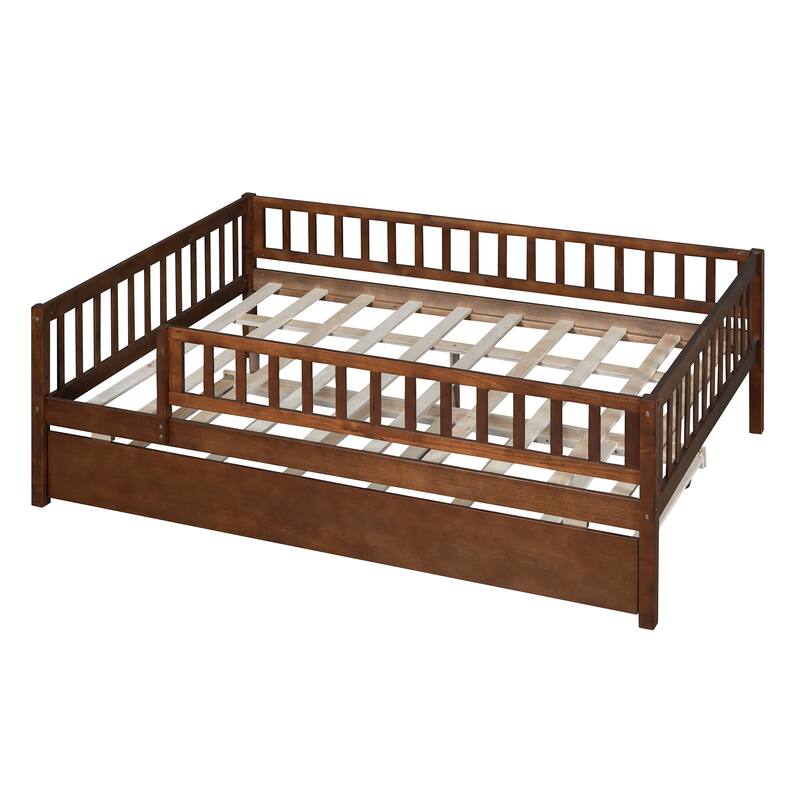 Full Size Wood Daybed with Trundle and Fence Guardrails, Space-Saving Design
